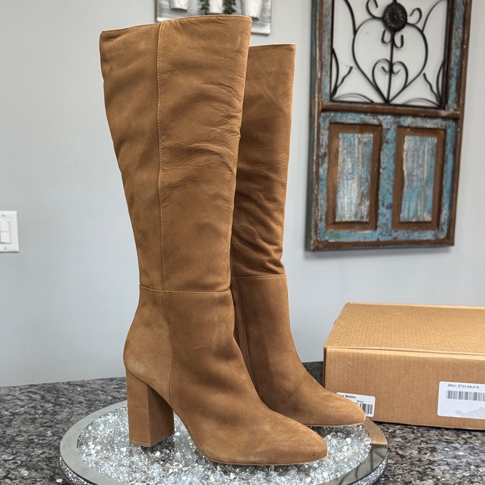Steve Madden Ninny Camel Tan Suede Knee-High Block Heel Boots NEW 9